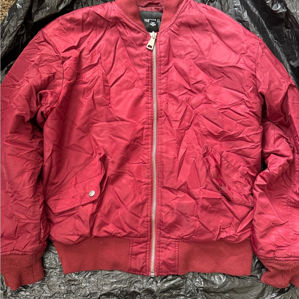 Forever 21 Men Burgundy Bomber Jacket Zippered Size S